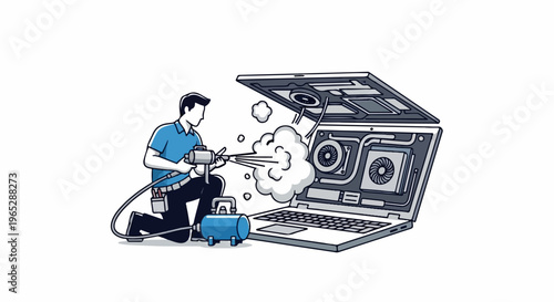 Technician cleaning computer internals with an air compressor