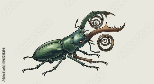 Detailed illustration of a green stag beetle with intricate mandibles on a neutral background