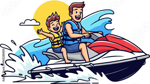 Father and son enjoy a sunny day jet skiing on the water