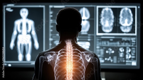 Man seen from behind with highlighted spine, viewing digital medical scans of skeleton and brain on large diagnostic screens.