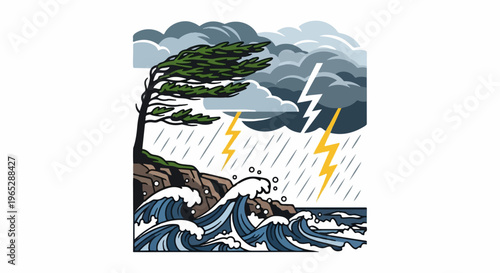 Fierce storm batters tree and waves against rocky shore with lightning