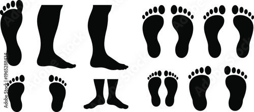 Collection of human foot and leg silhouettes showing diverse shapes, footprints, anatomical variations, ergonomic references, lifestyle and fashion elements, useful for design, illustration, animation