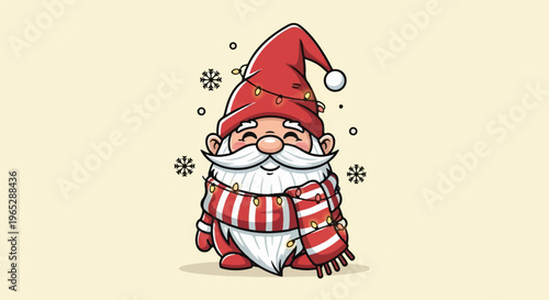 Cheerful, round gnome with a festive red hat and striped scarf