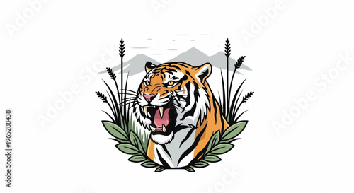 Fierce tiger head emerges from lush foliage against mountains