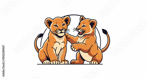 Two cute lion cubs playing together playfully in a whimsical cartoon style