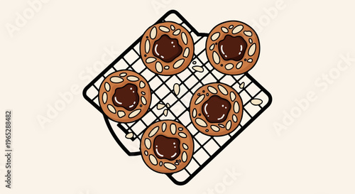 Five round cookies with chocolate centers and almond slivers on a rack