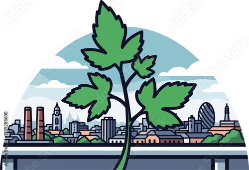 Green sprout overshadows stylized cityscape under cloudy skies