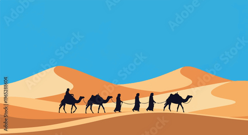 Silhouetted figures and camels traverse vast desert dunes under a bright blue sky