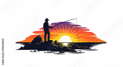 Silhouette of angler on rocky shore with vibrant sunset over ocean