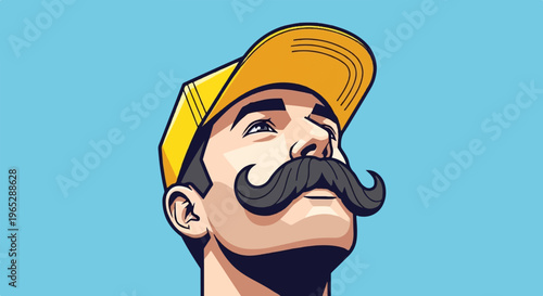 Close-up illustration of a man with a prominent mustache wearing a yellow cap