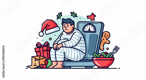 Sad person on scale with Christmas gifts and healthy food