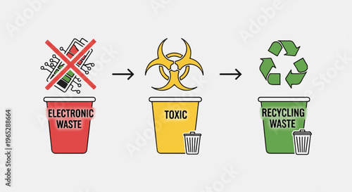Process illustration showing electronic waste turning into toxic, then recycling