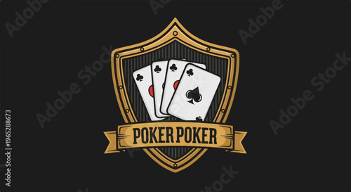 Emblem with playing cards and banner on dark background
