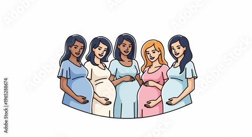 Five diverse women in light-colored dresses, cradling their pregnant bellies