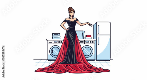 Elegant woman in formal gown stands by laundry appliances