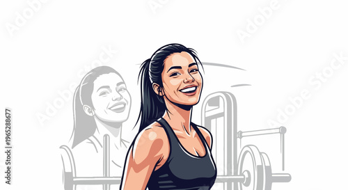 Fit woman with ponytail smiles broadly, gym equipment in background
