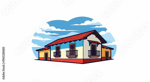 Colorful colonial house with red tile roof and balconies against blue sky