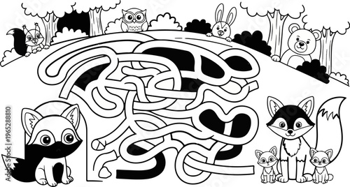 Woodland creatures maze featuring foxes, squirrel, owl, rabbit, and bear