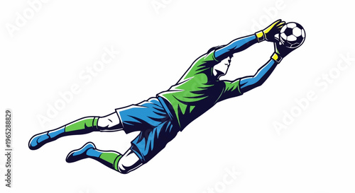 Goalkeeper dives horizontally to catch a soccer ball