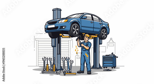Mechanic servicing a blue car on a lift with tools and a toolbox