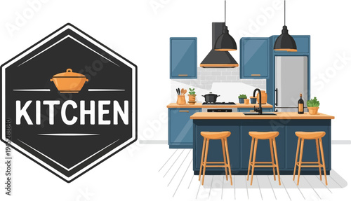 Modern blue kitchen with island, stools, and decorative label