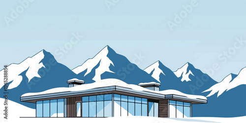 Modern mountain home with large windows, surrounded by snowy peaks and landscape