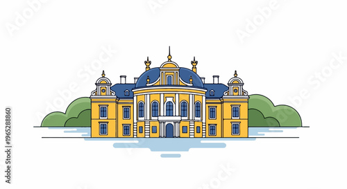 Ornate yellow building with blue domed roofs and green trees