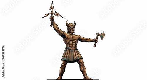 Muscular warrior with horned helmet, holding lightning bolt and axe