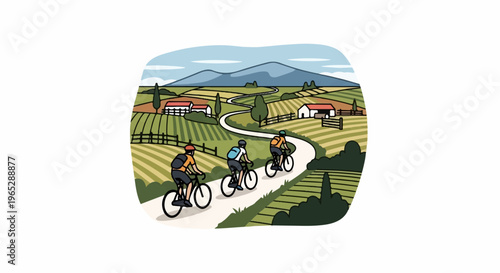 Cyclists ride through rolling hills and farmland under a vast sky