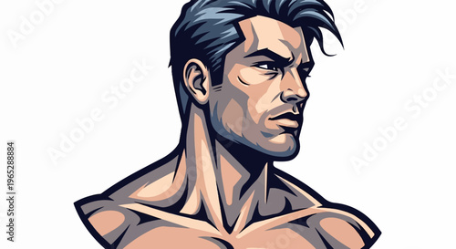 Muscular man's torso and profile portrait with dark hair and intense gaze