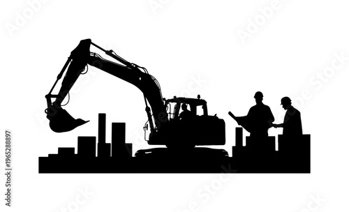 Construction Excavator with Workers Silhouette Vector Art