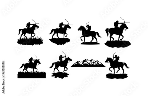 Silhouette Archers on Horseback with Mountain Landscape