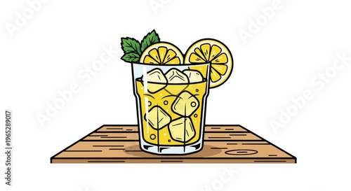 Refreshing glass of lemonade with ice, lemon slices, and mint