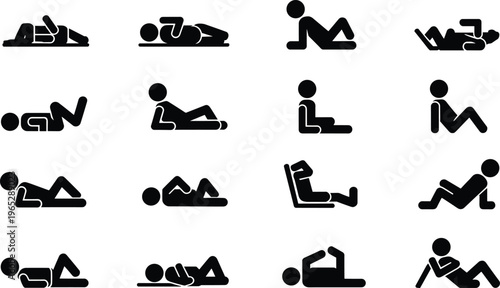 Set of sixteen reclining and resting stick figure silhouettes showing diverse human postures, lying, sitting, and relaxing positions for ergonomic, design, and stock illustration use