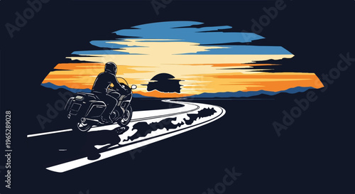 Rider on a motorcycle on a winding road at sunset