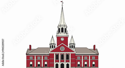 Iconic red building with a tall central spire, symmetrical design
