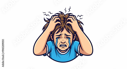 Distress, a person crying with hands on head