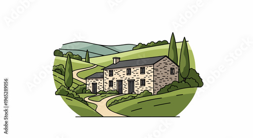 Rustic stone farmhouse nestled in rolling green hills with cypress trees