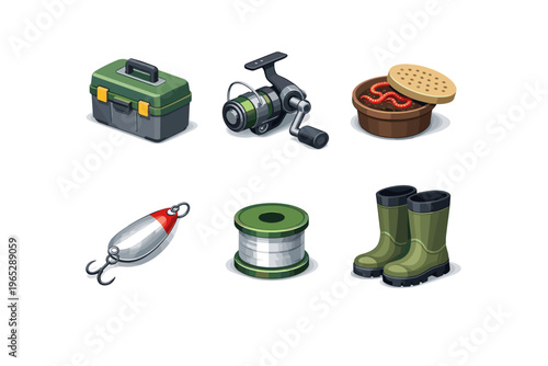 Illustrated set of fishing equipment including tackle box, spinning reel, bait container, lure, line spool, and waterproof boots on white background