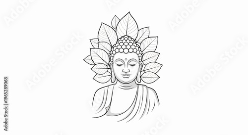 Serene Buddha face with a halo of leaves, rendered in monochrome