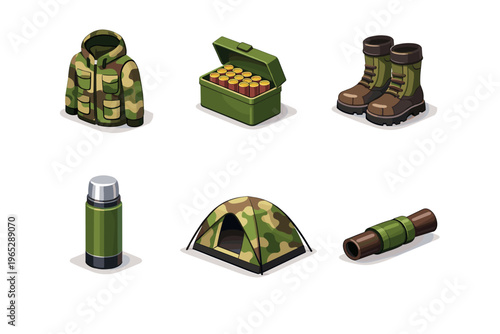Military camping gear set featuring camouflage jacket, ammunition box, rugged boots, thermos bottle, camo tent, and compact field telescope