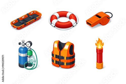Set of emergency rescue and safety equipment icons including stretcher, lifebuoy, whistle, oxygen tank with mask, life jacket, and flare