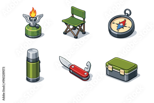 Set of illustrated camping essentials including portable stove, folding chair, compass, thermos, pocketknife, and tackle box on white background