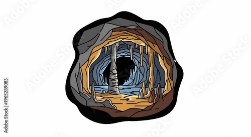 Inside view of a cave with stalactites, stalagmites, and a body of water