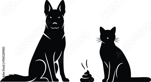 Funny silhouette illustration of dog and cat sitting side by side with odor lines above pile, humorous pet scene symbolizing curiosity and blame