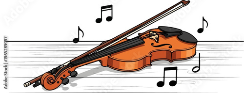 A brown violin and bow rest on musical staff lines with scattered notes