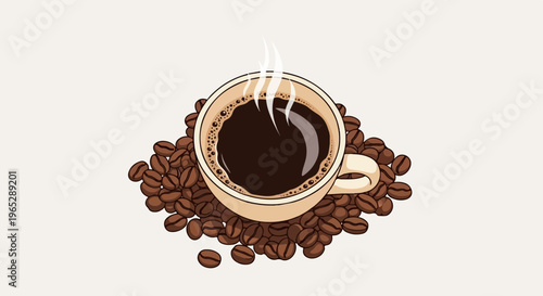Hot steaming coffee in a cup surrounded by roasted coffee beans