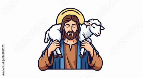 Gentle shepherd carries a lamb on his shoulders, halo above