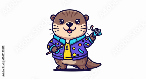 A cartoon otter in a colorful jacket holds a paintbrush and camera