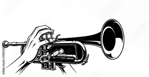 Hand playing a brass wind instrument with valves and bell